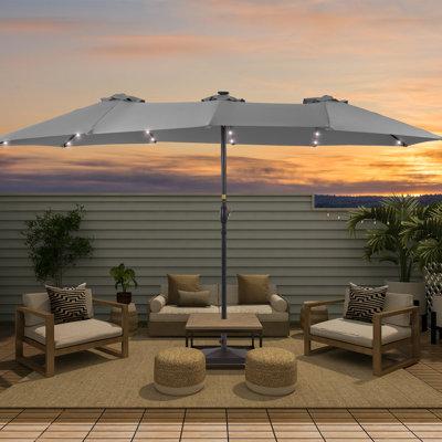 Arlmont & Co. Sametta LED 15 x 9 ft. Lighted Market Umbrella Double-Sided Outdoor Patio Umbrella, Steel in Gray | 94.5 H x 108 W x 180 D in | Wayfair