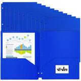 ViVin Plastic 3-Hole Punched Pocket Folder Durable Poly Portfolio with 2 Pockets and 3 Holes Pack of 12 Business Card Slot fits Letter Size Sheets for Kids Student Teachers and Officers (Blue)