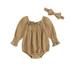 TFFR Baby Girl Ruffles Romper Long Sleeve Lace Trim Solid Color Square Neck Ruched Bodysuits
