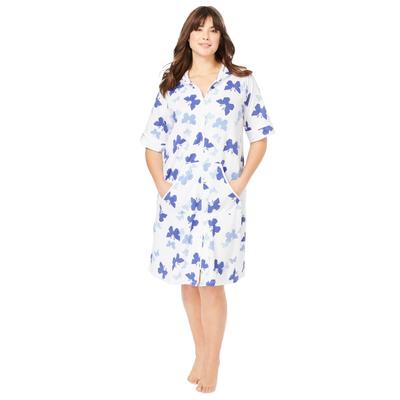 Plus Size Women's Short French Terry Robe by Dreams & Co. in White Butterfly (Size M)