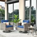 OVIOS Patio Wicker Swivel Rocking Chair 3-piece Set with Side Table Navy Blue