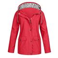 Women Solid Stripe Rain Jacket Outdoor Plus Waterproof Hooded Raincoat Windproof