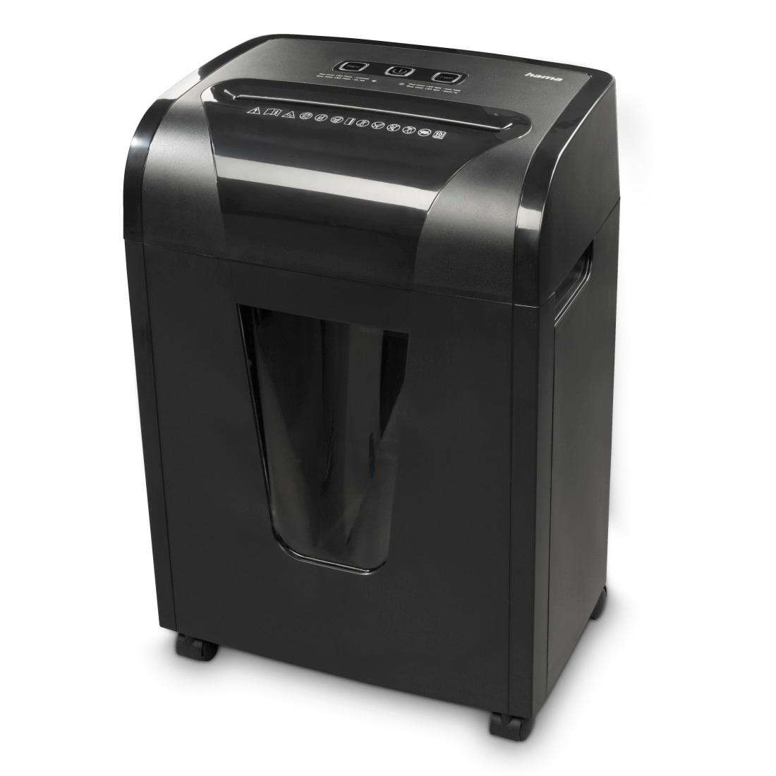 HAMA Aktenvernichter "Aktenvernichter für Chipkarten, Magnetstreifen, Papier, Plastikkarten", schwarz, B:35cm H:51,9cm L:24,6cm, Aktenvernichter, 20 Liter, mit Rollen, Partikelschnitt 10 Blatt, Micro-Cut-Schnitt, P5 Image