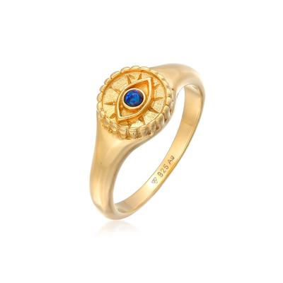 Fingerring ELLI "Siegelring Evil Eye Blue syn. Opal 925 Silber" Gr. 56, gold (gold, dunkelblau), Fingerringe, Damen, 56m