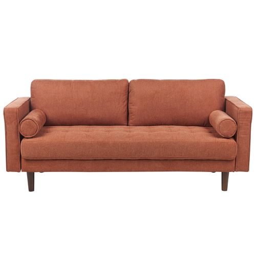 3-Sitzer Sofa Goldbraun Stoffbezug mit Holzbeinen Dekokissen Dicken Sitzkissen Losen Sitz- & Rückenkissen Schmalen Armlehnen Retro Wohnzimmer