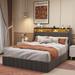 Gray Platform Bed with 4 Pull-out Drawers, Wings Headboard, Lights, 2 Tiers Storage Shelves, Wood Slats Support, Steel Frame