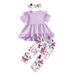 6M-4Y Baby Girls Clothes Solid Color Ruffle Sleeve Dress Tops Floral Print Casual Elastic Pants Headband 3Pcs Toddler Girls Outfits For Spring Fall Purple