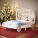 White+Pink Twin Size Platform Car Bed Princess Carriage Bed with Canopy&3D Carving Pattern