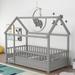 Grey Twin Size Floor Wood Bed with House Roof Frame and Fence Guardrails