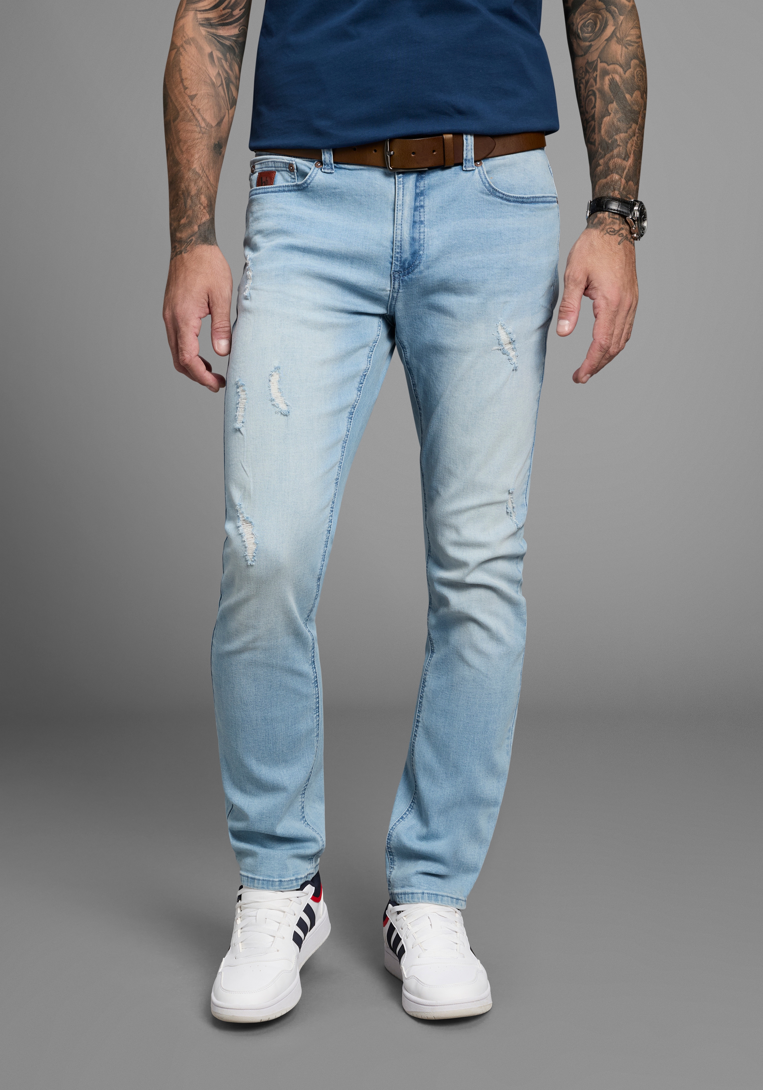 Straight-Jeans BRUNO BANANI "Hutch", Herren, Gr. 36, Länge 36, l.blau dunkel, Denim/Jeans, Obermaterial: 98% Baumwolle, 2% Elasthan, Destroyed-Effekte, normal lang, Jeans Straight-Jeans, gerade geschnittenes Bein, niedrige Leibhöhe, reguläre...