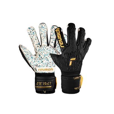 Torwarthandschuhe REUSCH "Attrakt Freegel Fusion Ortho-Tec", Damen, Gr. 9, gold (schwarz, goldfarben), 59% Elastodien, 27% Polyamid, 9% Polyester, 5% Polypropylen, mehrfarbig, sportlich, Handschuhe, mit Evolution Negative Cut