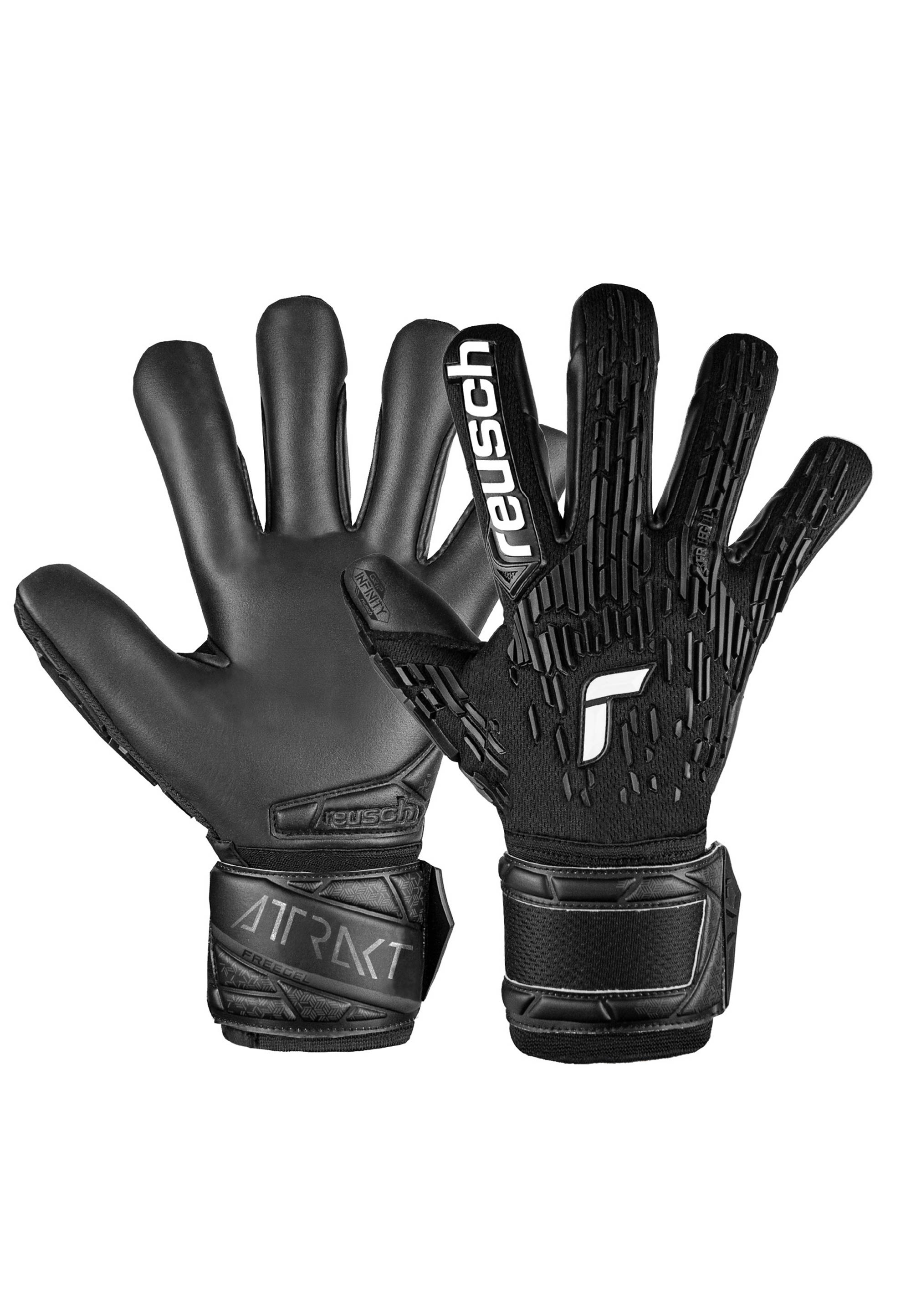 Torwarthandschuhe REUSCH "Attrakt Freegel Infinity Finger Support", Damen, Gr. 11, schwarz, 56% Elastodien, 30% Polyester, 8% Polypropylen, 3% Polyurethan, mehrfarbig, Sportlich, Handschuhe, mit Evolution Negative Cut Image