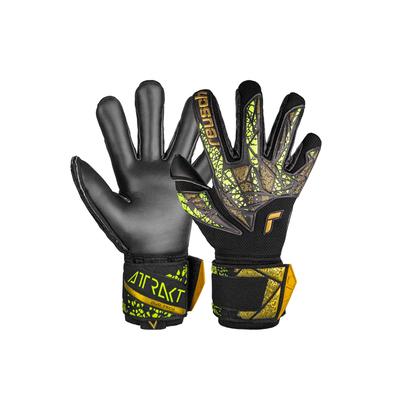 Torwarthandschuhe REUSCH "Attrakt Duo Finger Support", Damen, Gr. 7,5, gold (schwarz, goldfarben), 50% Elastodien, 25% Polyester, 20% Polypropylen, 5% Polyamid, mehrfarbig, sportlich, Handschuhe, mit Evolution Negative Cut