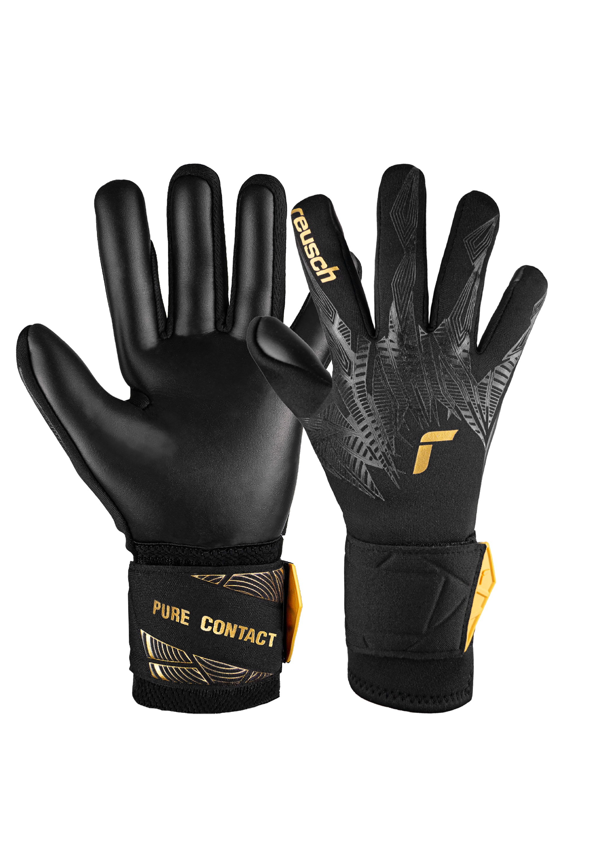 Torwarthandschuhe REUSCH "Pure Contact Infinity Junior", Kinder, Gr. 6,5, gold (schwarz, goldfarben), 48% Elastodien, 45% Polyester, 7% Polyamid, mehrfarbig, Handschuhe, mit Hybrid Negative Cut