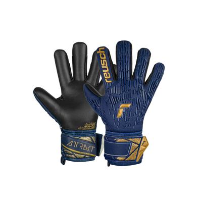 Torwarthandschuhe REUSCH "Attrakt Freegel Silver Junior", Kinder, Gr. 4, bunt (goldfarben, blau), 56% Elastodien, 34% Polyester, 5% Polyurethan, mehrfarbig, sportlich, Handschuhe, mit Evolution Negative Cut