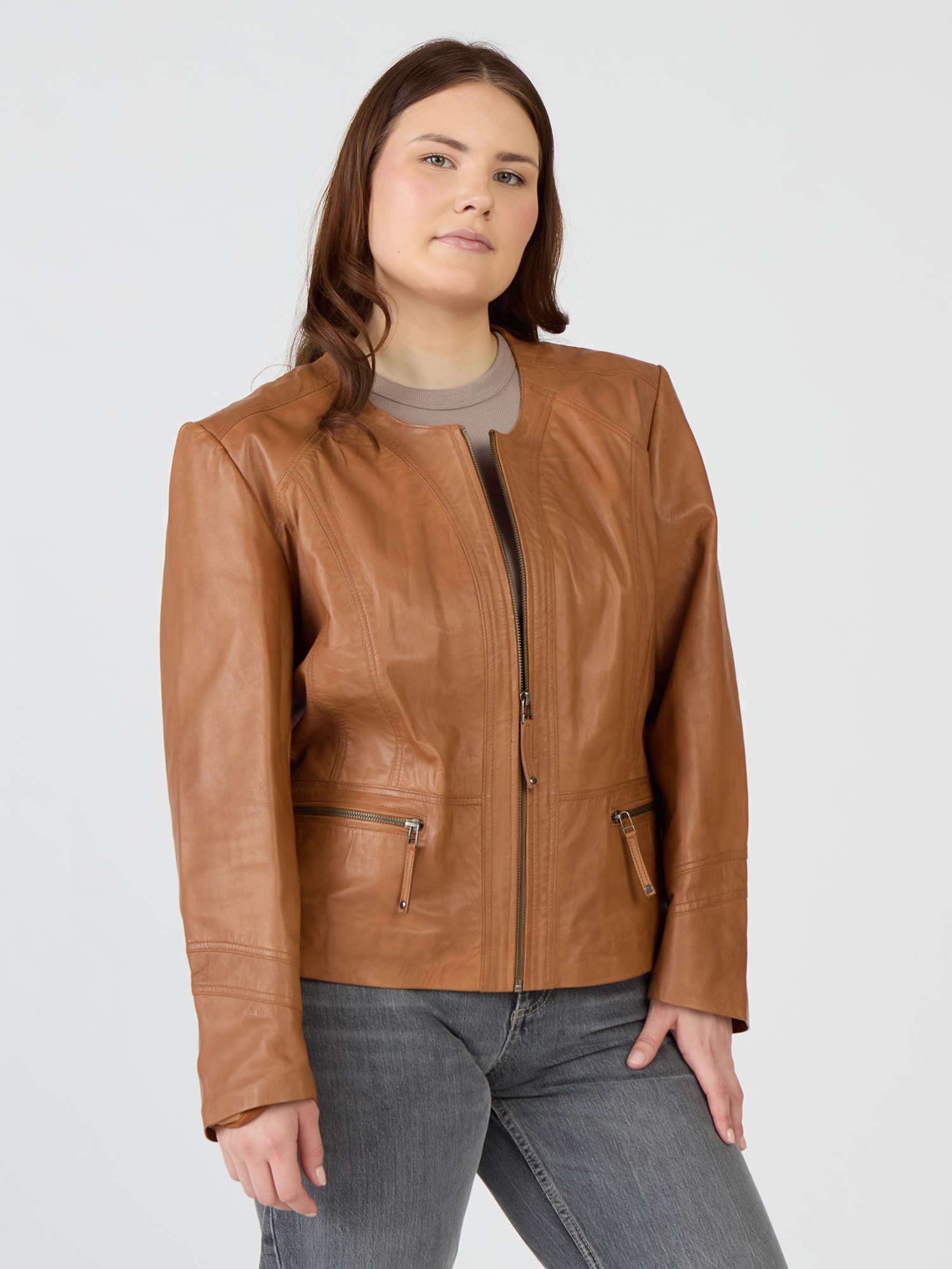 Bikerjacke JCC "731-II", Damen, Gr. 58, braun (cognac), Obermaterial: 100% Leder Schaf; Futter: 100% Baumwolle; Ärmelfutter: 100% Polyester, Jacken Image