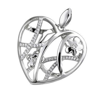 Herz-Anhänger JOBO "Anhänger Herz mit Blumen", silber (silber 925, weiß), Schmuckanhänger, Damen, Silber 925 (Sterlingsilber), 925 Silber rhodiniert mit 47 Zirkonia Image
