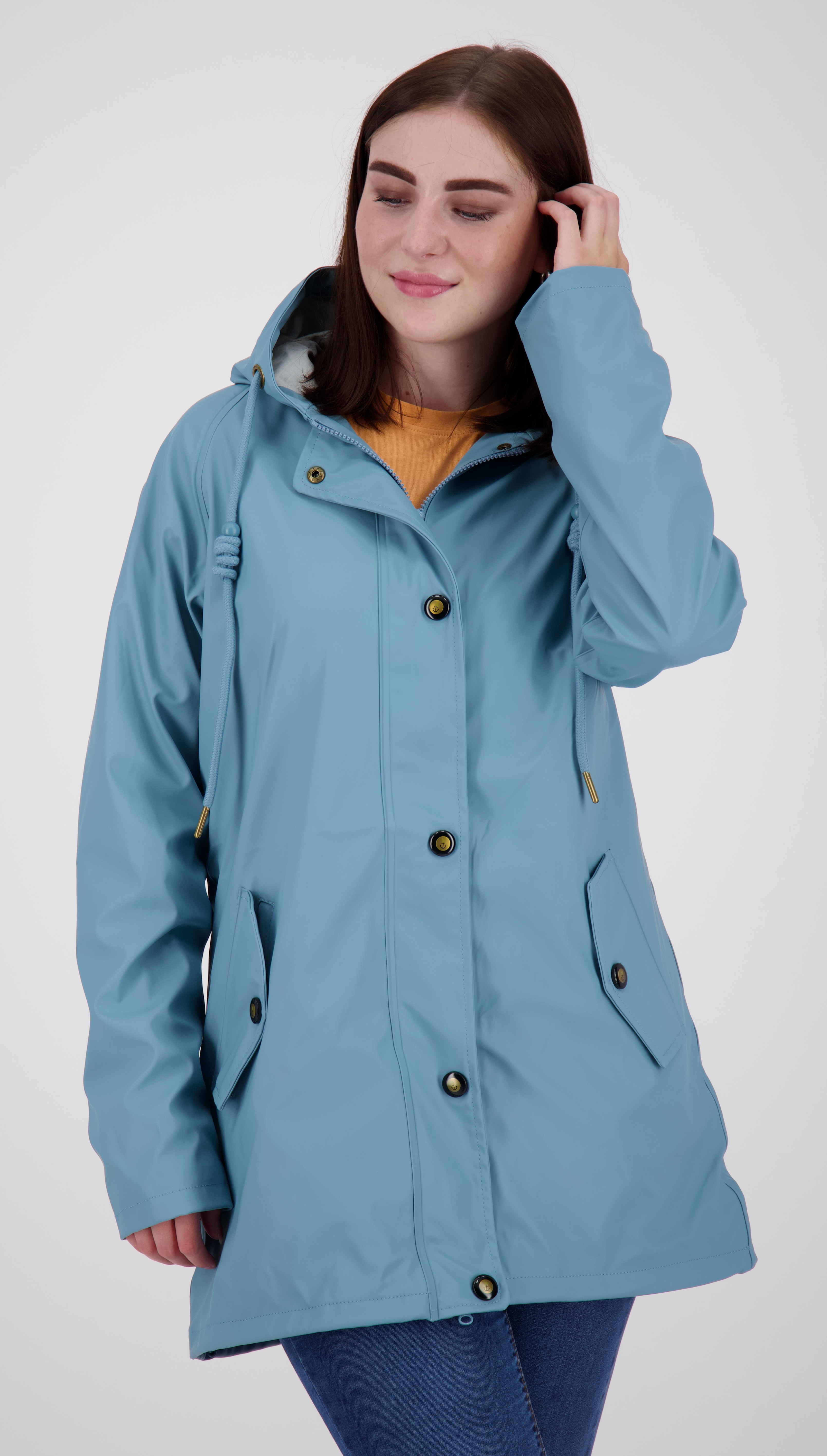 Regenmantel ANKERGLUT "ANKERGLUTTRAUM WOMEN", Damen, Gr. 40/42 (M), blau (hellblau), Obermaterial: 100% Polyurethan; Futter: 100% Polyester“, Casual, mit Druckknopf, Mäntel, auch in Großen Größen erhältlich