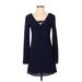 Speechless Casual Dress - Mini Tie Neck Long sleeves: Blue Solid Dresses - Women's Size Small