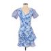 BTFL- Life Casual Dress - A-Line V Neck Short sleeves: Blue Floral Dresses - Women's Size Small