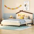 Wood Platform Bed with House-shaped Headboard and Motion Activated Night Lights Cream+Walnut - Full