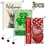 3Pcs Garden Flag - Valentines Welcome Flag St Patricks Day Garden Flag Vertical Double Sided Burlap Easter Bunney Flag Welcome St.Patrick s Day Holiday Yard Outdoor Decor 12.5 x 18 Inch H