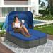 Glavbiku 6Pcs Outdoor Patio Sofa Set Daybed Sunbed with Retractable Canopy Wicker Furniture Blue