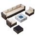 8 Pieces Patio Wicker Conversation Set with 28 Square Propane Fire Pit Table Fire Pit Set Beige / Navy Blue Cushions Beige