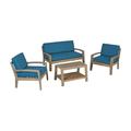 Christopher Knight Home Grenada 4-Piece Outdoor Wood Chat Set with Cushions by Grey Finish + Dark Teal Cushion