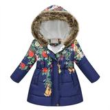 QUYUON Baby Winter Jacket Sale Long Sleeve Puffer Jacket Toddler Baby Floral Print Jacket Parkas Hoodies Tops for Kids Winter Thick Warm Windproof Coat Outwear Jackets Navy 4T