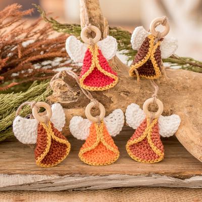 'Set of 5 Handmade Warm-Toned Cotton and Wood Angel Ornaments'