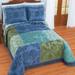 Blue Green Textured Chenille Patchwork Fringe Bedspread