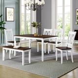 6-piece Wooden Kitchen Table set, Farmhouse Rustic Dining Table set with Cross Back 4 Chairs and Bench, White+Cherry