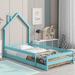 Twin Size Wood Bed with House-Shaped Headboard, Floor Bed Frame with Fences, Twin House Bed Montessori Bed for Kids Toddler Bed