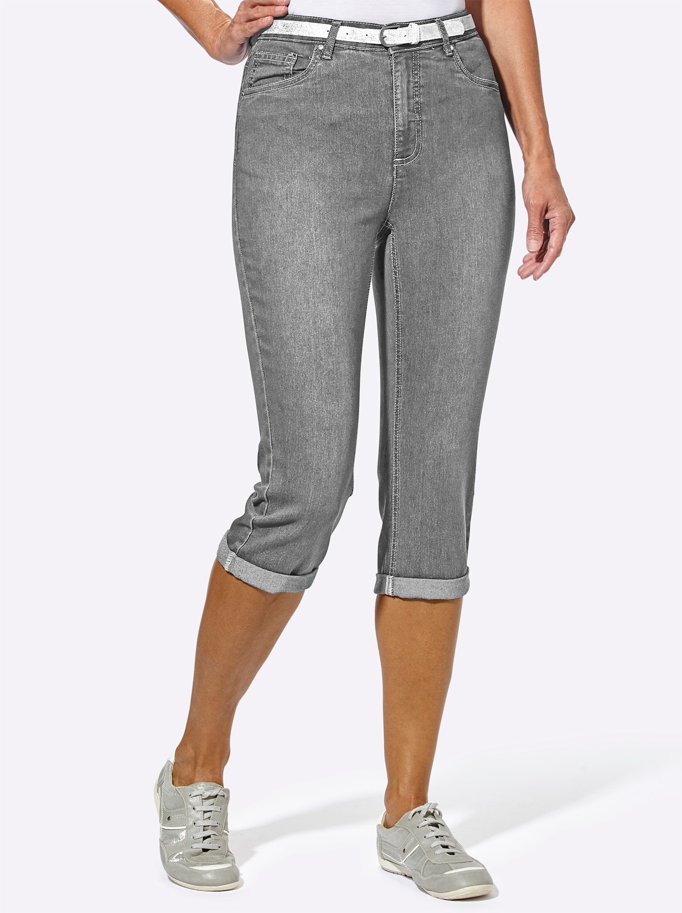 Caprijeans CASUAL LOOKS, Damen, Gr. 48, Normalgrößen, grau (grau denim), 81% Baumwolle, 17% Polyester, 2% Elasthan, unifarben, knielang, Jeans Image
