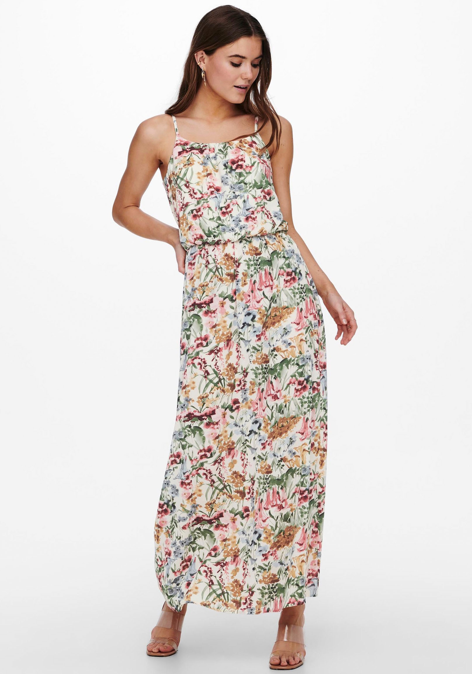 Maxikleid ONLY "ONLWINNER S/L MAXI DRESS NOOS PTM", Damen, Gr. 42 (XL), N-Gr, bunt (cloud dancer aop:blurry flower), Jersey, Obermaterial: 97% Polyester, 3% Elasthan, gemustert, regular fit knöchellang, Rundhals, Kleider, Sommerkleid Image