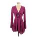 Free People Casual Dress - A-Line Plunge Long sleeves: Burgundy Print Dresses - Women's Size 4