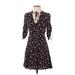 Express Casual Dress - A-Line Tie Neck 3/4 sleeves: Black Floral Dresses - Women's Size X-Small