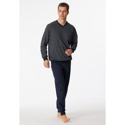 Schlafanzug SCHIESSER "Dark Sapphire", Herren, Gr. 60 (4XL), blau (803, dunkelblau), Single Jersey, Obermaterial: 100% Baumwolle, kariert, casual, bequem lang, V-Ausschnitt, Langarm angesetztes Bündchen, Homewear-Sets, mit klassischem Karo-Muster Image