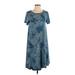 Lularoe Casual Dress - A-Line Boatneck Short Sleeve: Blue Floral Motif Dresses - Women's Size X-Small