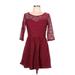 Heart Soul Casual Dress - Mini Scoop Neck 3/4 sleeves: Burgundy Print Dresses - Women's Size Large