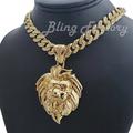 Gold LION HEAD LEO Pendant & 12mm 16 ~ 24 Iced Cuban Box Lock Chain Necklace