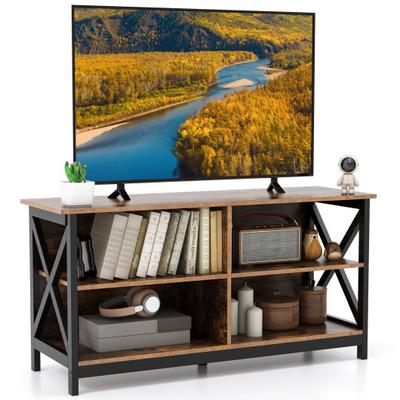 Costway Wooden TV Stand Entertainment for TVs up to 55 Inch with X-Shaped Frame-Rustic Brown