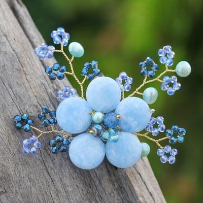 'Flower-Shaped Blue Cultured Pearl and Quartz Brooch Pin'