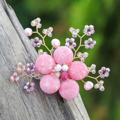 'Flower-Shaped Pink Cultured Pearl and Quartz Broo...