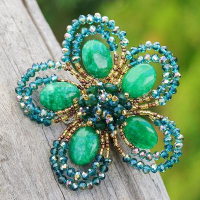 Spring in Harmony,'Handcrafted Floral Green Quartz and Glass Beaded Brooch Pin'