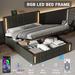 PU Storage Bed with LED Lights and USB Charger, Queen Size Upholstered Platform Bed