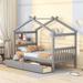 Twin Size Solid Wooden House Bed Frame with Two Drawers and 2 Headboards & Slatted Frame Solid Construction Design for Bedroom