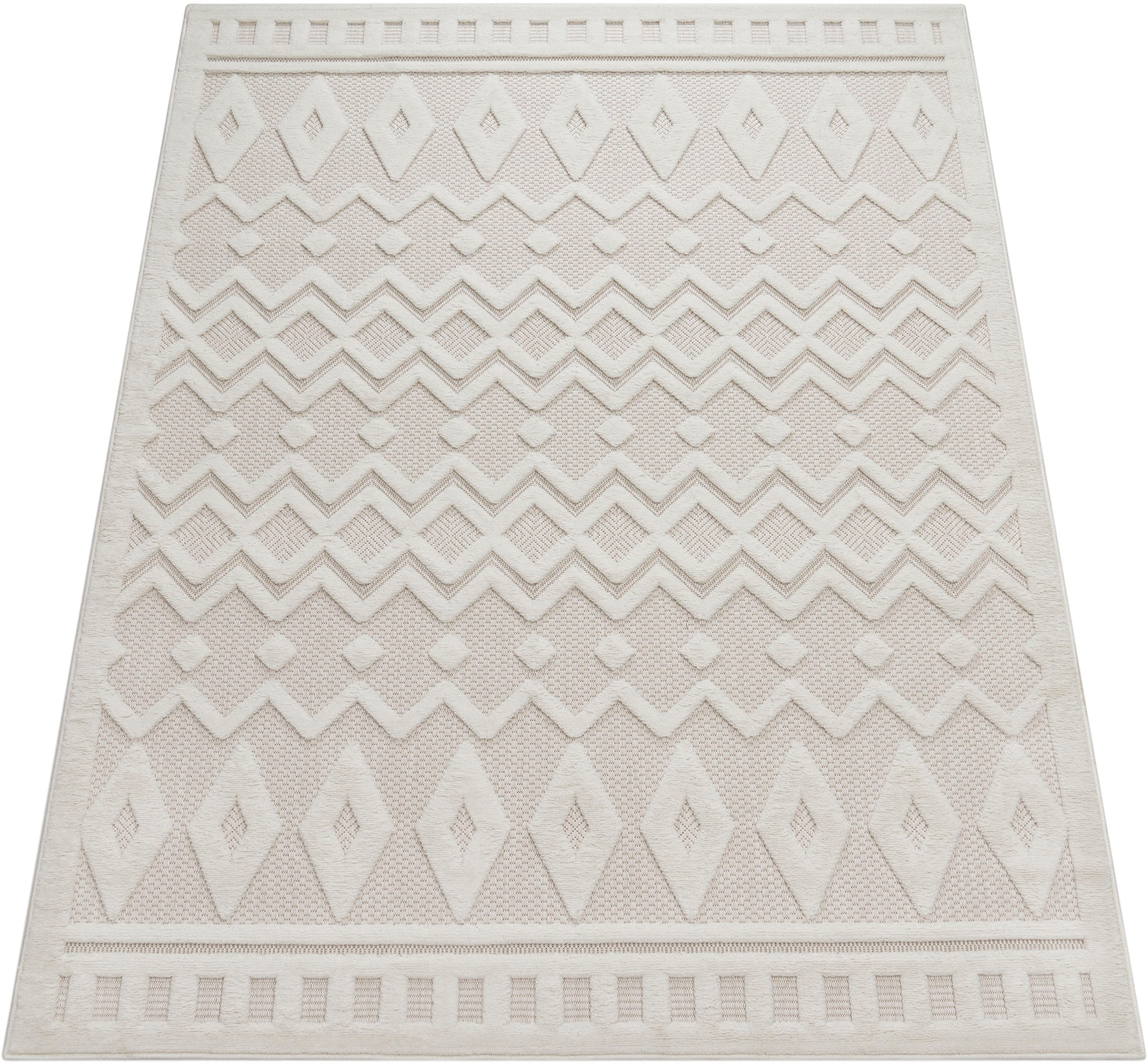 Teppich PACO HOME "Livorno 671", beige (creme), B:80cm H:14mm L:150cm, Polypropylen, Teppiche, Uni-Farben, Scandi, Rauten Muster, Hoch-Tief Effekt, Outdoor geeignet Image