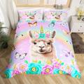 Manfei Cute Alpaca Duvet Cover Set King Size, Floral Unicorn Llama Bedding Set 3pcs for Kids Girls Adults Room Decor, Butterfly Rainbow Comforter Cover Soft Polyester Quilt Cover with 2 Pillowcases